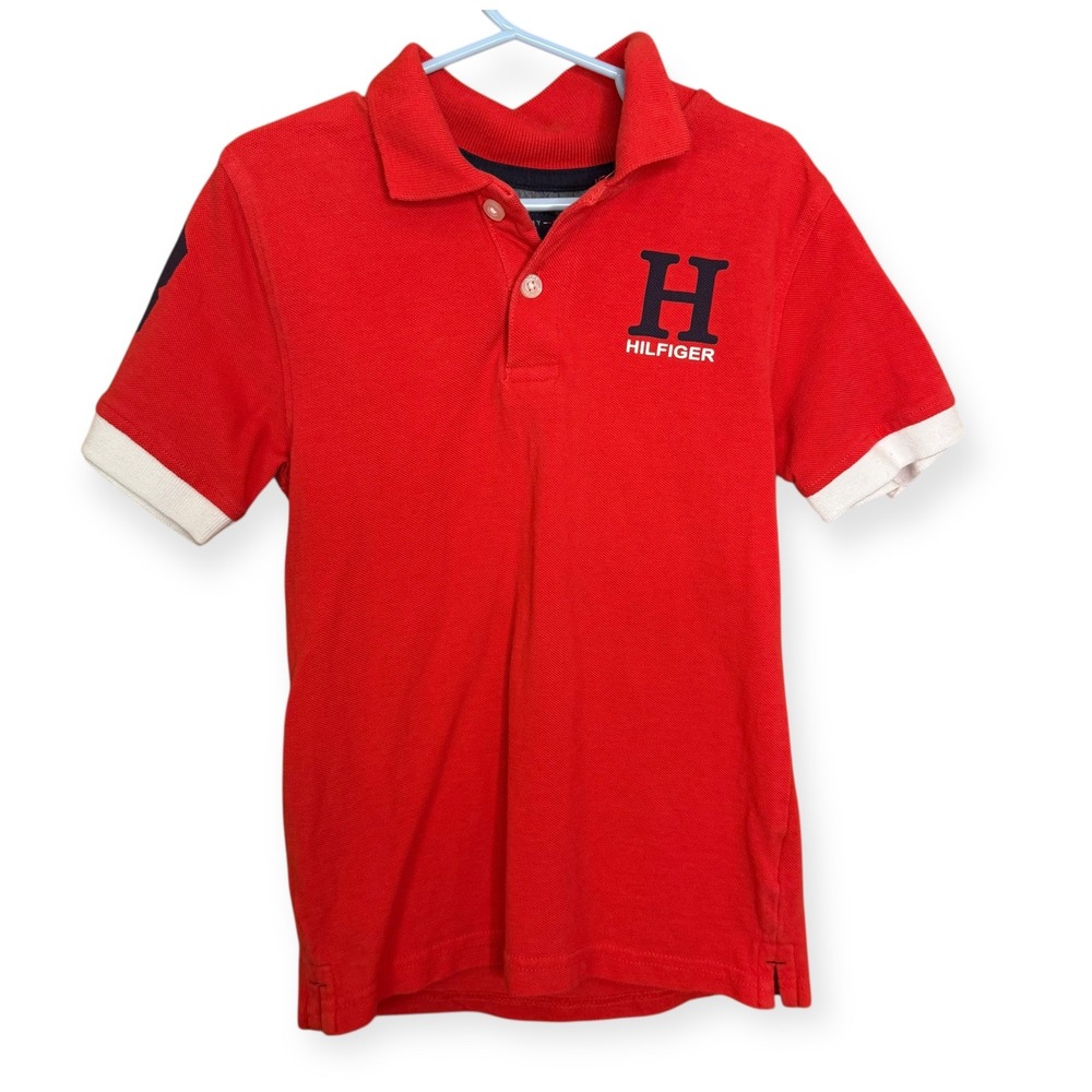 Tommy Hilfiger Boys Red Polo Shirt Size 7 Short Sleeve H Logo